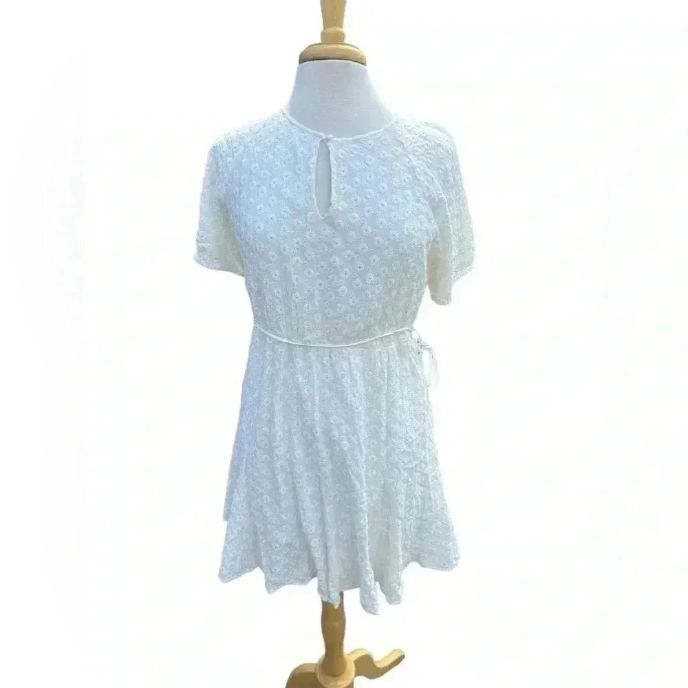 Madewell Dress 6 Cottage Core Embroidered Eyelet Sash Belt Keyhole Puff Slv Line